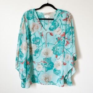 Belle by Kim Gravel Poppy Floral Print Blouse Aqua Womens XL